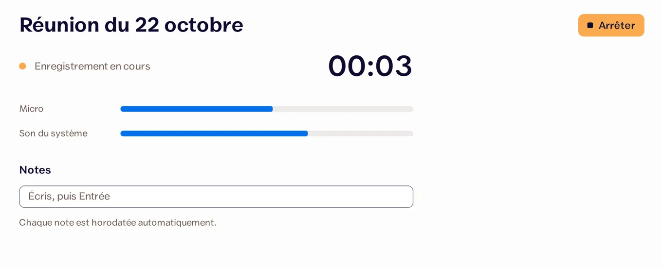 L'écran d'enregistrement : le chrono, le niveau du micro et du son de l'ordinateur, et un champ pour prendre des notes.